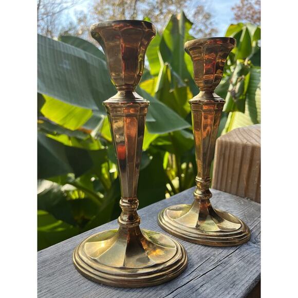 Vintage Solid Brass Candlestick Holders. tall. heavy. matching oval top & bottom - Picture 2 of 9